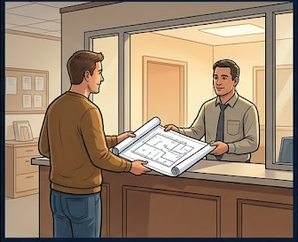 Homeowner handing rolled blueprints and site plan to official at a government building department permit counter