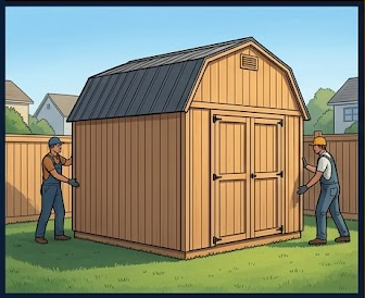 Two workers positioning and installing a prefabricated wooden storage shed with gambrel roof in a suburban backyard