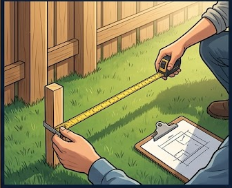Contractor measuring distance from wooden fence to property survey stake with a tape measure before placing a shed