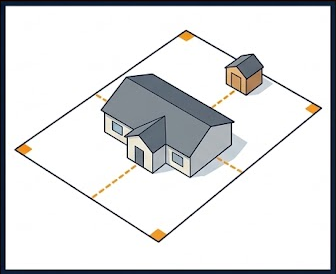 Diagram of a residential lot showing house and shed placement with required setback distance measurements