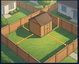 Aerial view of backyard shed with amber dashed setback lines showing required distances to property fence